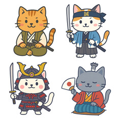 かわいい猫のサムライと将軍のイラストセット/Cute Samurai and Shogun Cat Illustration Set