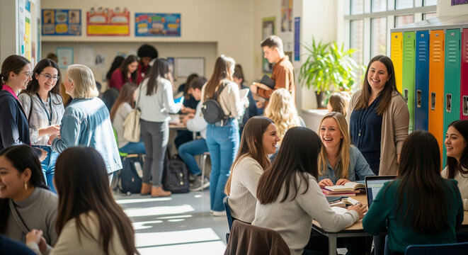A dynamic, lifestyle photograph of a diverse group of students and teachers laughing and chatting in a school hallway or common area.