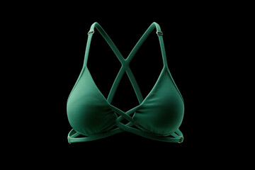 Stylish teal bikini top with criss-cross straps and gold hardware on a black backdrop. Summer fashion must-have for vacation vibes.