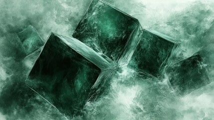 Emerald Cubes Suspended in Ethereal Mist: Abstract Digital Art