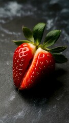 Striking closeup of a halved strawberry against a black background. Vivid red hues and detailed texture. Evokes freshness, health, and sweetness. Ideal for food blogs.