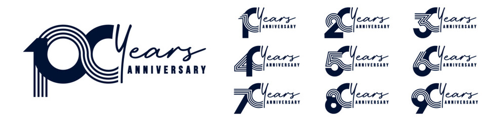 collection anniversary 10 to 100 year logo designs. abstract number for celebration event, wedding, greeting card, and invitation, vector illustration