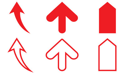 Up arrow button icon. Set of red arrow and chevron icons in solid and outline styles, representing direction, navigation, movement, and user interface design.
