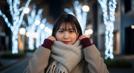 イルミネーションと女性のポートレート