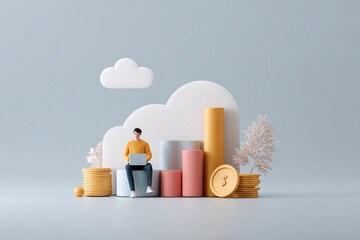 Conceptual scene depicting financial growth in the digital realm. A person works on a laptop amidst stylized coins, graphs, and a cloud. Perfect for finance or tech themes.