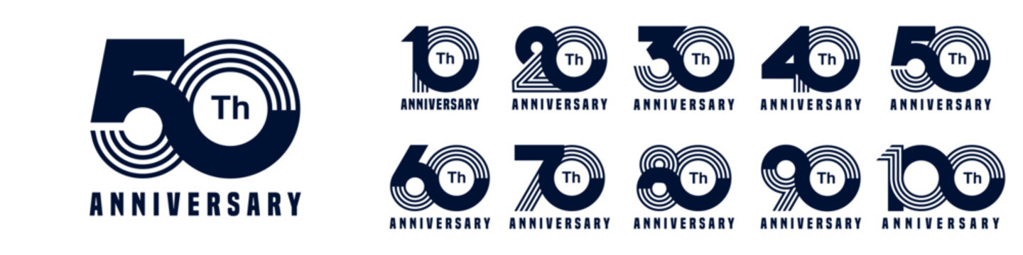 collection anniversary 10 to 100 year logo designs. abstract number for celebration event, wedding, greeting card, and invitation, vector illustration