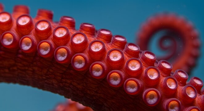 Detailed macro shot of an octopus tentacle with suckers against a blurred blue background