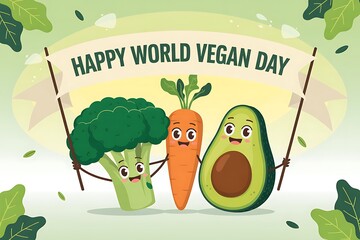 Joyful broccoli carrot avocado celebrate Happy World Vegan Day spreading plant-based cheer