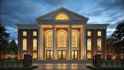 Obraz premium Majestic neoclassical building facade with grand columns and illuminated windows at dusk