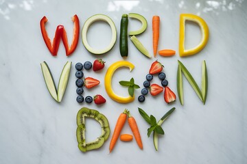 Celebrate World Vegan Day with vibrant, fresh produce art spelling out the holiday message creatively