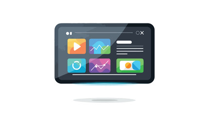 Cartoonish tablet interface with data visualization applications and modern design elements represented digitally