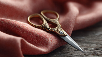 Detailed still life featuring ornate, vintage scissors resting on textured coral fabric atop rustic wood. Evokes craftsmanship, tailoring, and creative pursuits.