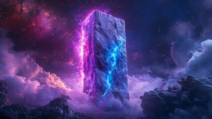 Fototapeta premium giant alien monolith floating in space emitting plasma waves, futuristic spaceship nearby, deep starfield background, cinematic sci-fi style
