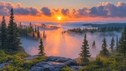Obraz premium Misty mountain sunrise, vibrant colors
