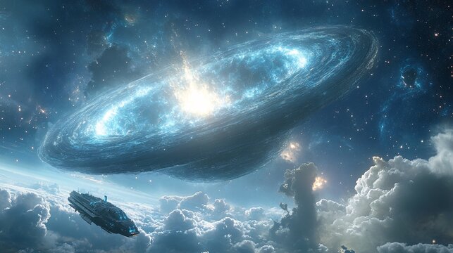 giant alien monolith floating in space emitting plasma waves, futuristic spaceship nearby, deep starfield background, cinematic sci-fi style