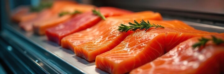 Close-up shot of contaminated salmon fillets in a supermarket display case, highlighting the potential risk of salmonella infection from raw seafood , microbiology, food standards, inspection