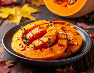 Grilled pumpkin slices with fresh thyme and seeds on a dark plate, surrounded by autumn leaves.