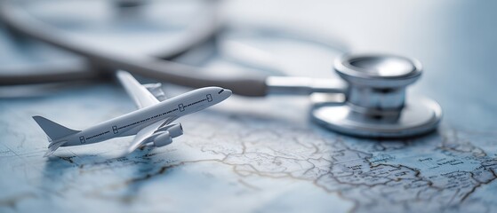 The Airplane and Stethoscope on Map Symbolizing Travel Medicine and Global Health Planning