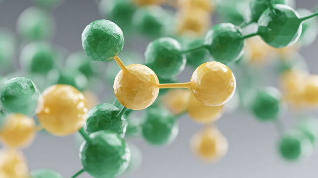 Abstract molecular structure with connected green  yellow spheres. Science, medicine, tech visuals. Connection, innovation,  networking concepts. Modern, clean,  versatile.