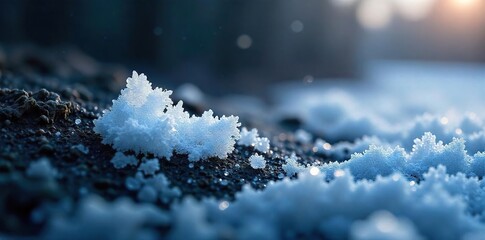 Icy crystals clinging to a dark, stark surface, reflecting minimal light in a frigid, winter scene The cold is palpable, emphasizing the stark beauty of the frozen landscape , frigid, stark
