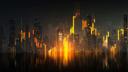 Financial graph over dark cityscape for stock exchange and global market analytics