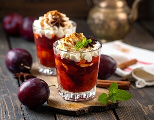 Delicious plum dessert with whipped cream, cinnamon, and star anise, served in glasses.