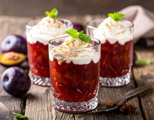 Three glasses of delicious plum dessert with whipped cream and fresh mint on a rustic wooden table.