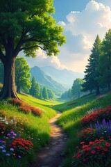 Epic landscape of a sprawling, powerful park with majestic trees, vibrant flowers, and a dramatic sky  Perfect for nature, travel, and environmental themes ,  nature,  flowers