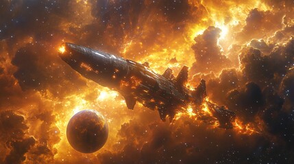 alien energy burst from ancient spaceship near glowing exoplanet, detailed nebula sky, photorealistic cosmic energy and stars, dramatic space tone