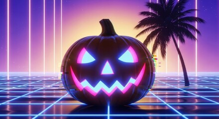 A retro synthwave jack-o'-lantern glows with neon light