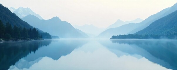 Serene landscape, misty mountains reflecting in still water, minimalist composition evoking tranquility and inner peace Perfect for meditation, mindfulness, yoga, and spiritual themes , sky, calmness
