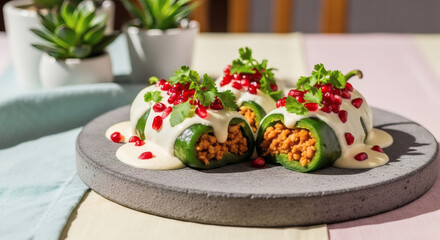 Three Chiles en Nogada Plated on a Modern Stone Dish