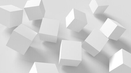 Group of white cubes rolling on gray background. Isolated. 3d illustration.