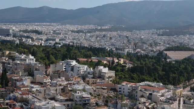 Greece many houses eye video taken by drone of Yalos, iconic port of Symi island, Greece