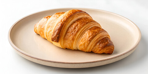 Freshly baked croissant styled on beige ceramic plate in rustic eco natural breakfast food design