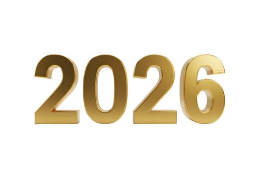 Happy new year golden 3D text and number 2026 sign with a business calendar date