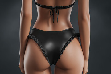 Elegant swimwear: black two-piece with delicate ruffle trim. Back view showcasing sleek design & feminine details. Perfect for summer vibes.