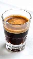 Freshly brewed espresso coffee served in a transparent glass cup on white background, high-resolution close-up with visible crema.