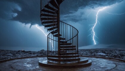 A spiral staircase made of frozen lightning ascending into a storm cloud, each step crackling with electric energy, no climbers, 8K, surreal divine architecture