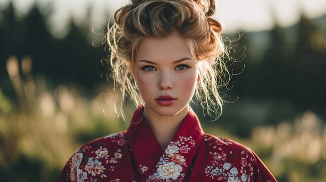 夕暮れの光の中で佇む赤い着物を着た美しい外国人女性