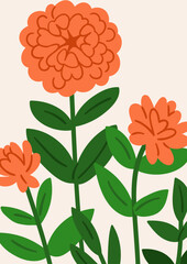 Floral card design with dahlia blossoms. Spring flowers, summer garden nature, vertical postcard background. Botanical poster with gentle gorgeous blooms, leaves, stems. Flat vector illustration