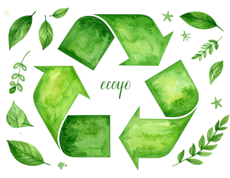 Watercolor Green Recycling Symbol – Eco-Friendly Flat Lay