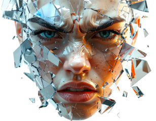 A woman's face with shattered glass eyes, a surreal and abstract 3D portrait with hyper-realistic details.