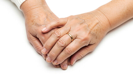 Fototapeta premium Elderly couple holding hands showing love and support, isolated on white