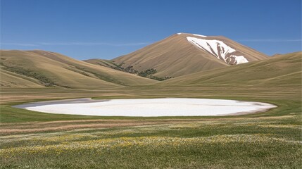 Serene Mountain Meadow: Partially Frozen Lake, Wildflowers, and Snow-Capped Peak