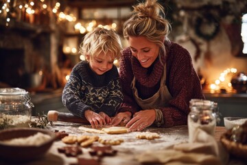 Mother and child baking christmas cookies together in cozy kitchen