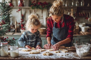 Mother and child baking christmas cookies together in cozy kitchen