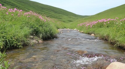 Serene Mountain Stream Flowing Through Lush Green Valley with Pink Flowers