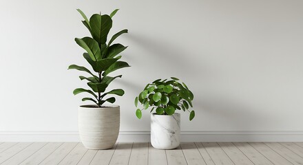 Fototapeta premium Stylish Indoor Houseplant Decor Featuring Ficus and Pilea Green Plants on Wooden Floor