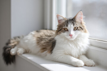 Fototapeta premium serene cat basking in sunlight on window sill surrounded by clean background